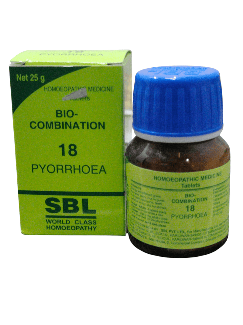SBL Bio-Combination 18 homeopathic medicine for pyorrhoea in 25g tablet form, effective for gum health.