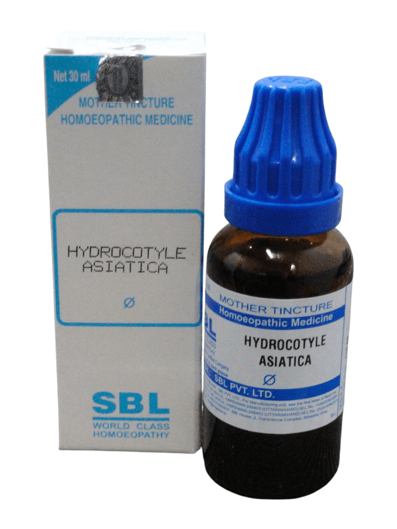 Hydrocotyle Asiatica mother tincture bottle with blue dropper cap, SBL homeopathic medicine.