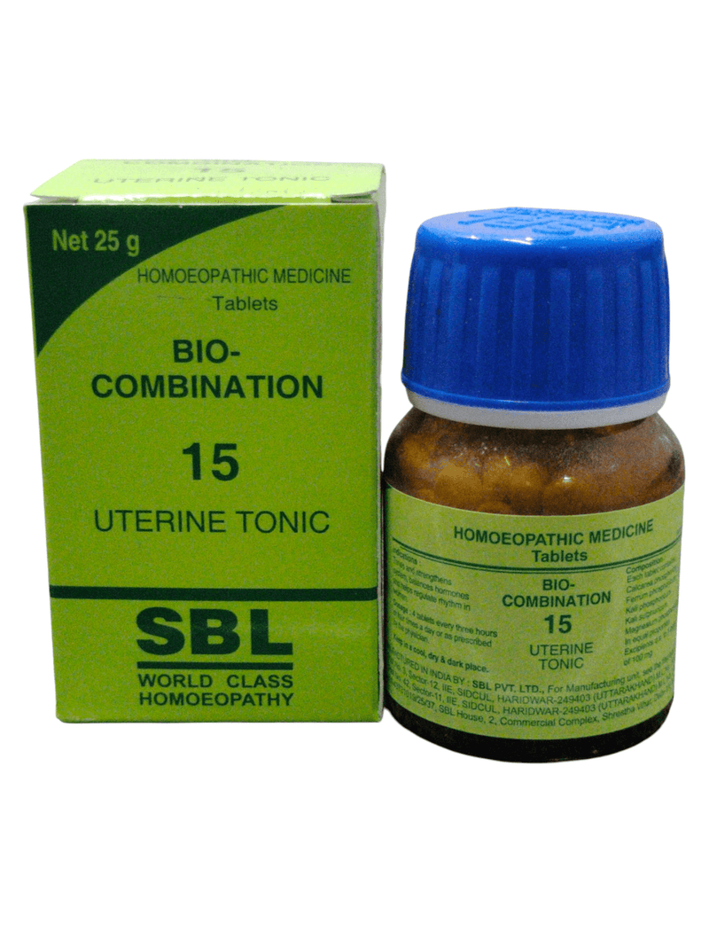 SBL Bio-Combination 15 Uterine Tonic homeopathic medicine tablets in a bottle with green packaging.