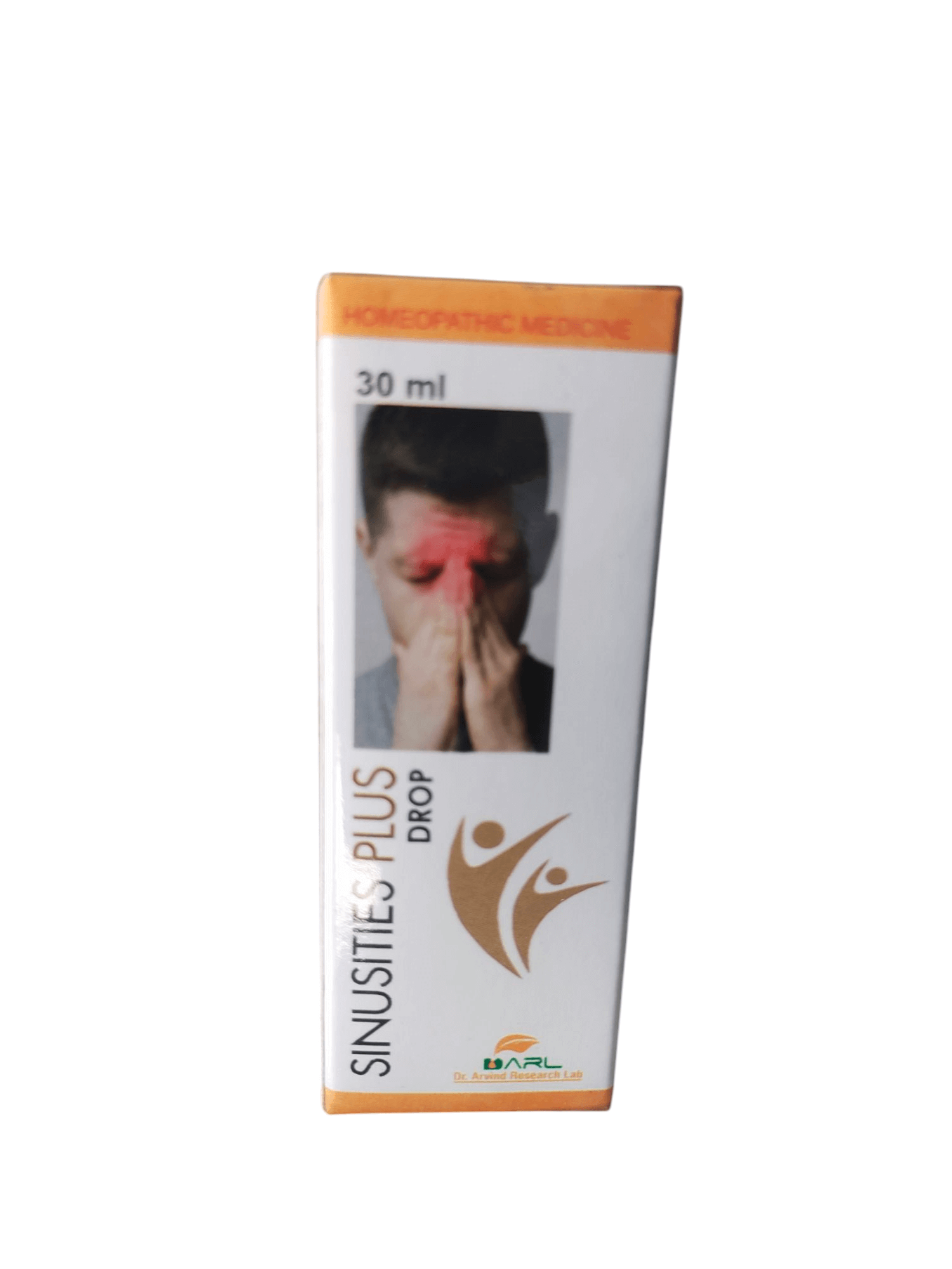 Box of Sinusities Plus Drop with a person holding their nose on a white background