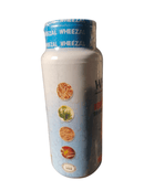 Wheezal supplement bottle with colorful labels on a white background