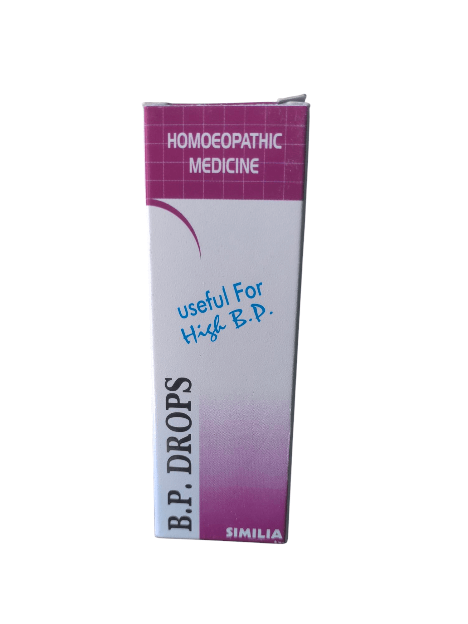 A box of Similia High B.P. Drops homeopathic medicine with text indicating its use for high blood pressure.