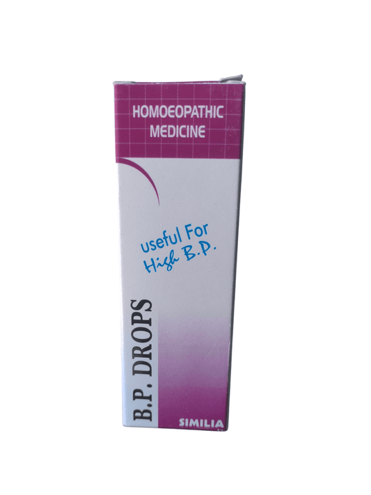 A box of Similia High B.P. Drops homeopathic medicine with text indicating its use for high blood pressure.