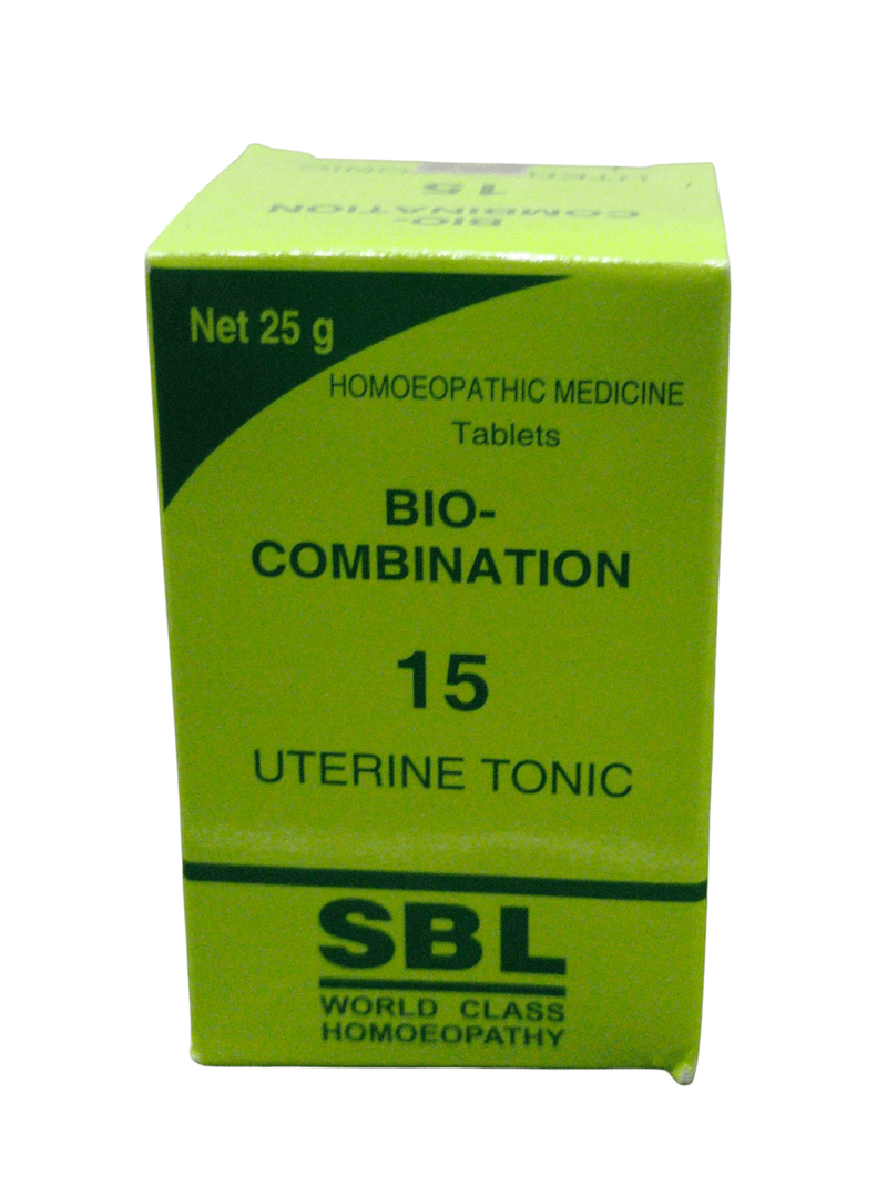 SBL Bio-Combination No. 15 Uterine Tonic Homeopathic Tablets packaging, 25g, promotes menstrual health.
