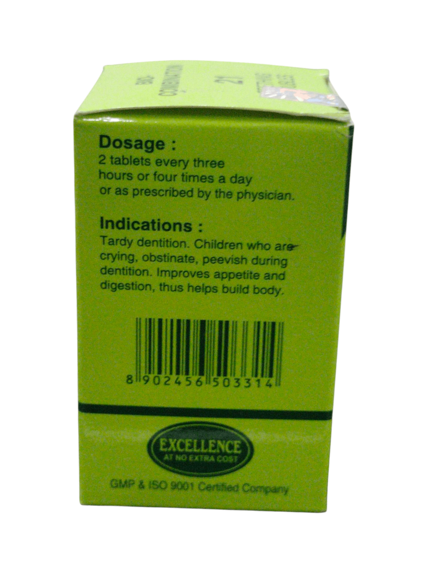 Back view of SBL Bio Combination 21 homeopathic medicine packaging detailing dosage and indications for teething troubles.