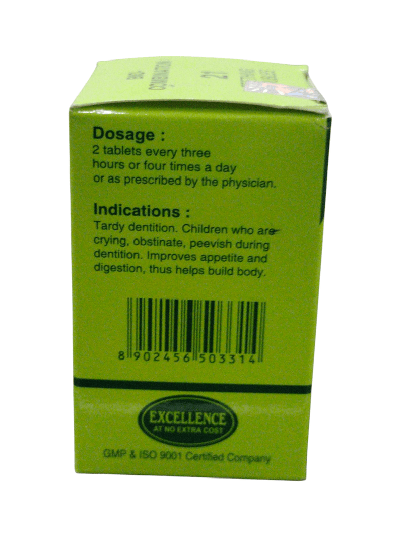 Back view of SBL Bio Combination 21 homeopathic medicine packaging detailing dosage and indications for teething troubles.
