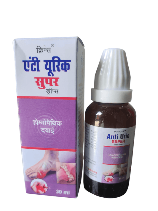 "Krig's Anti Uric Super Drops Homeopathic Medicine 30ml for high uric acid, gout pain relief, and joint inflammation support."