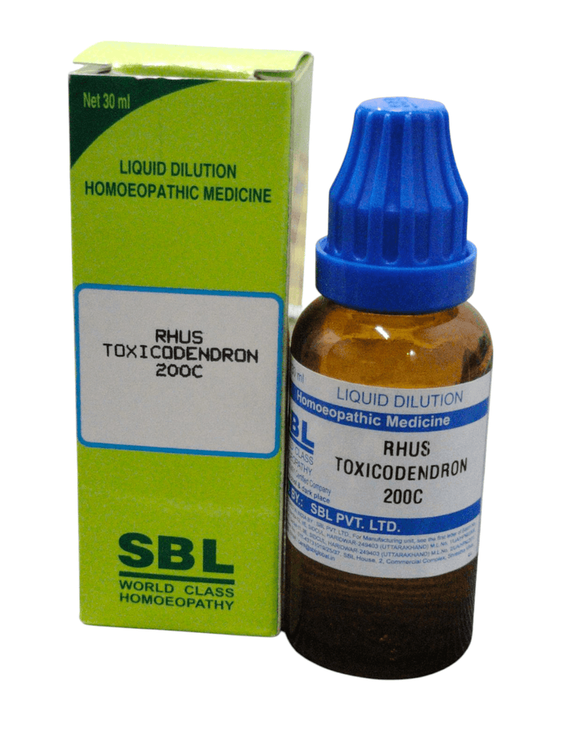 Homeopathic medicine Rhus Toxicodendron 200C in liquid form with packaging, 30ml bottle.