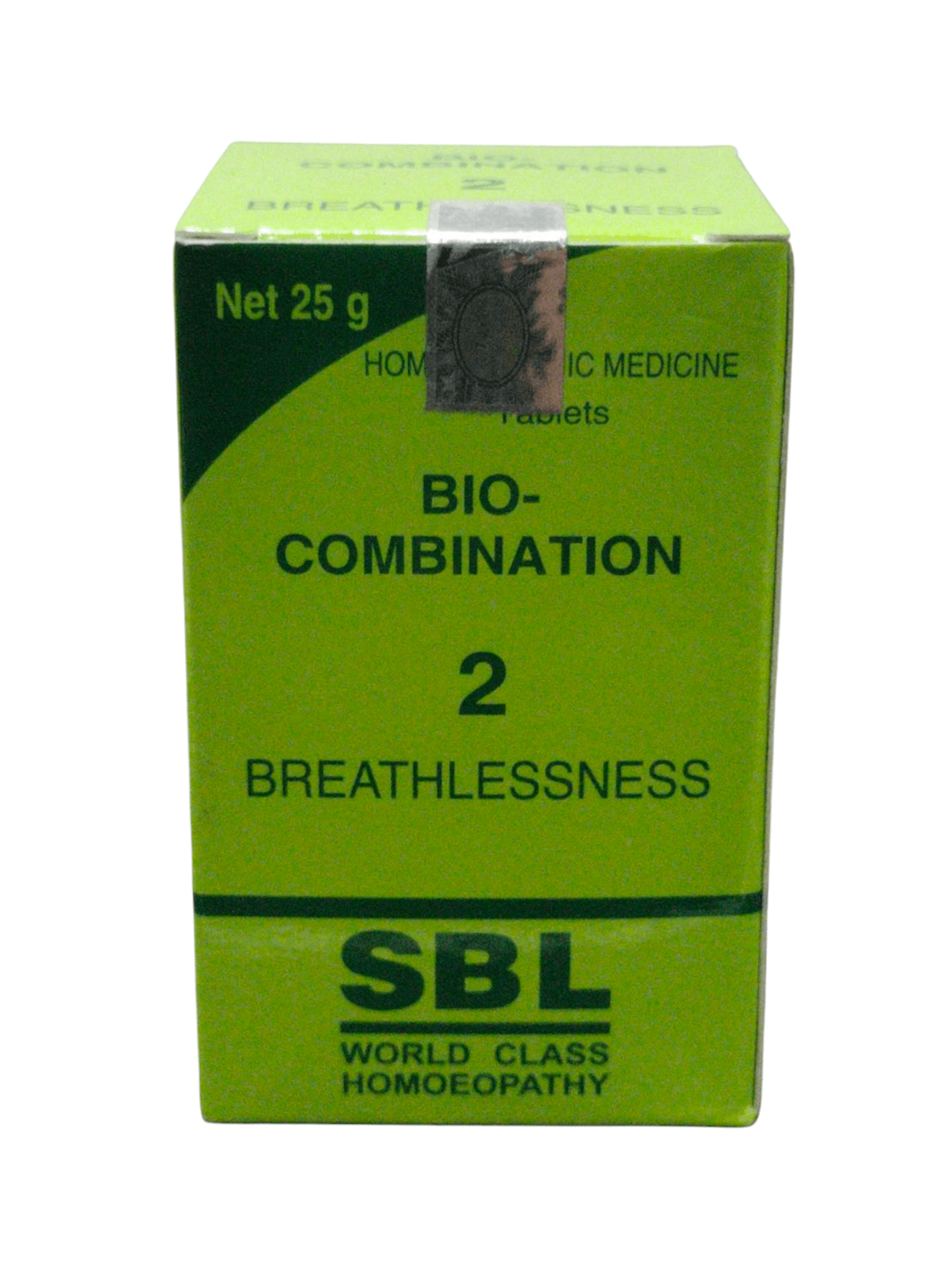 SBL Bio-Combination No. 2 tablets for breathlessness, homeopathic medicine, 25g box, designed for respiratory support.
