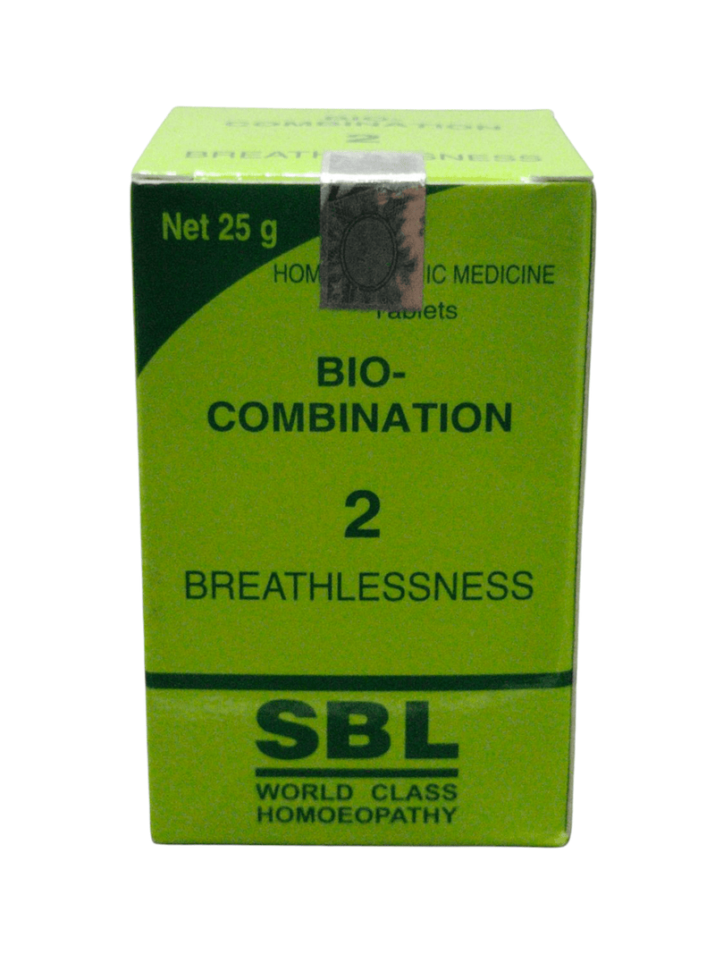 SBL Bio-Combination No. 2 tablets for breathlessness, homeopathic medicine, 25g box, designed for respiratory support.