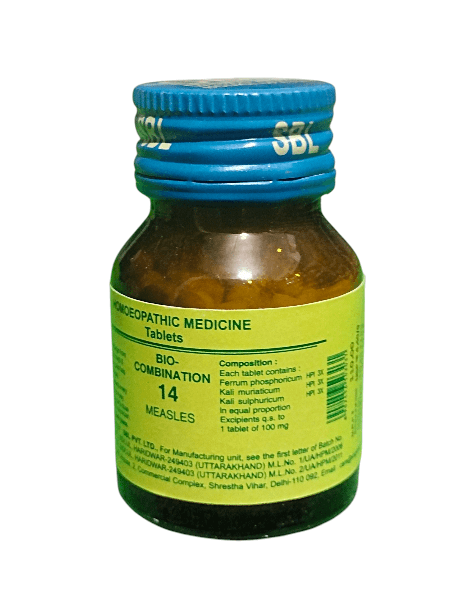 SBL BIOCOMBINATION NO. 14 MEASELS TABLETS HOMEOPATHIC MEDICINE 25G bottle with label showing composition details.