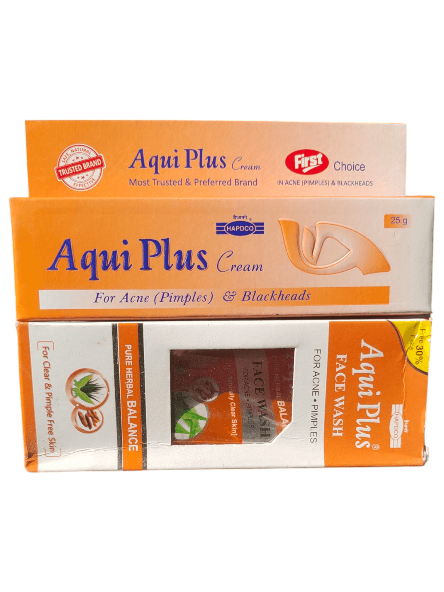 Packaging of Aquvi Plus Cream and Aquvi Plus Face wash. The face wash packaging is orange with white text and the cream packaging is white with orange text, both indicating the brand and product name.