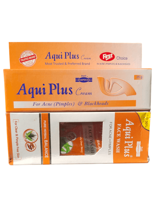 Packaging of Aquvi Plus Cream and Aquvi Plus Face wash. The face wash packaging is orange with white text and the cream packaging is white with orange text, both indicating the brand and product name.