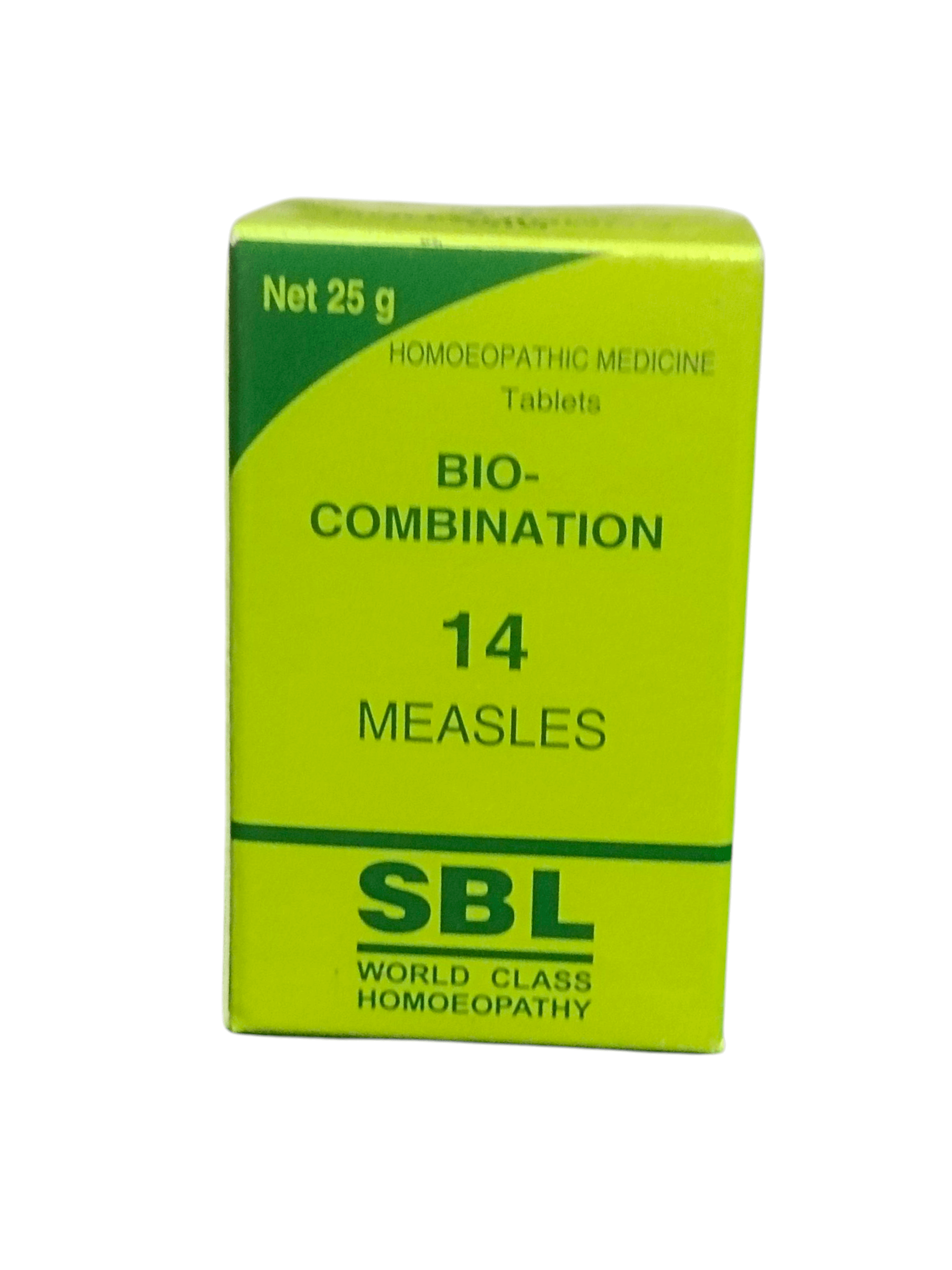 SBL BIOCOMBINATION NO. 14 MEASELS TABLETS HOMEOPATHIC MEDICINE 25G packaging image with bright yellow box.