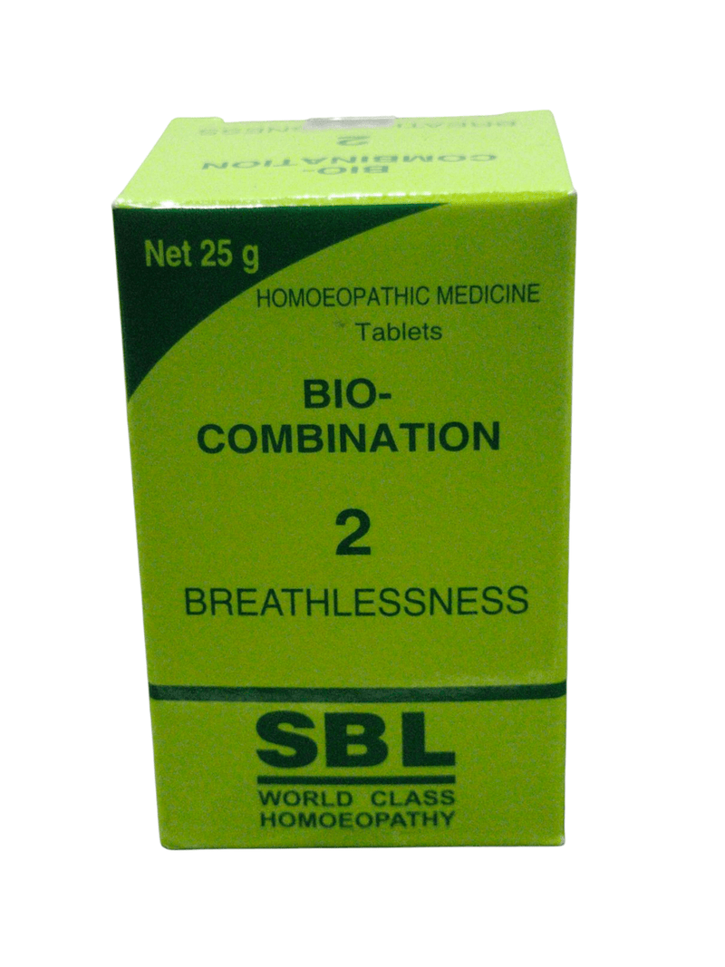 SBL Bio-Combination No. 2 Breathlessness homeopathic medicine tablet box 25g for respiratory support.