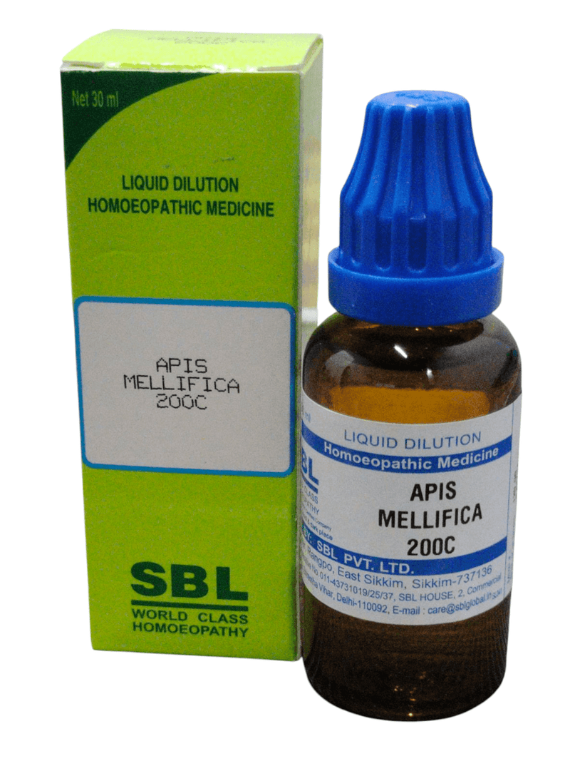 Bottle of Apis Mellifica 200C homeopathic medicine for health remedies.