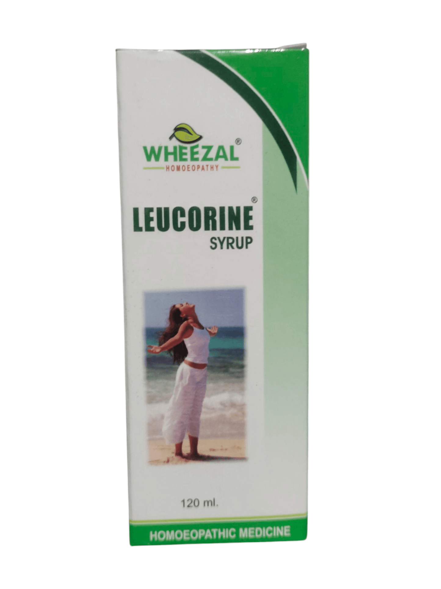 Wheezal Leucorine Syrup packaging with a beach scene on a white background