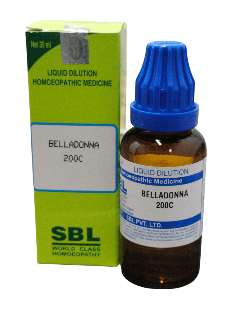 Bottle of SBL Belladonna 200C homeopathic liquid dilution for health remedies.