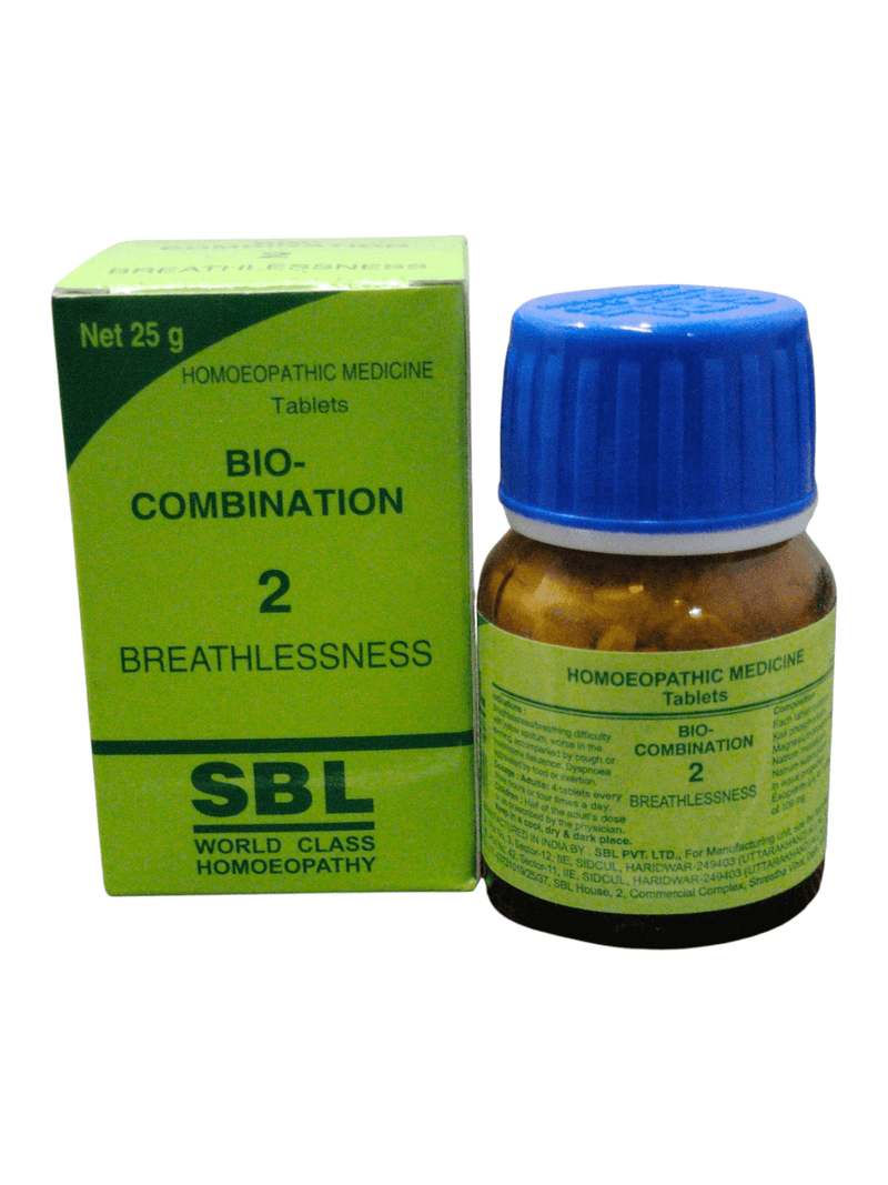 SBL Bio-Combination No. 2 Breathlessness homeopathic tablets in packaging for respiratory relief, 25g.