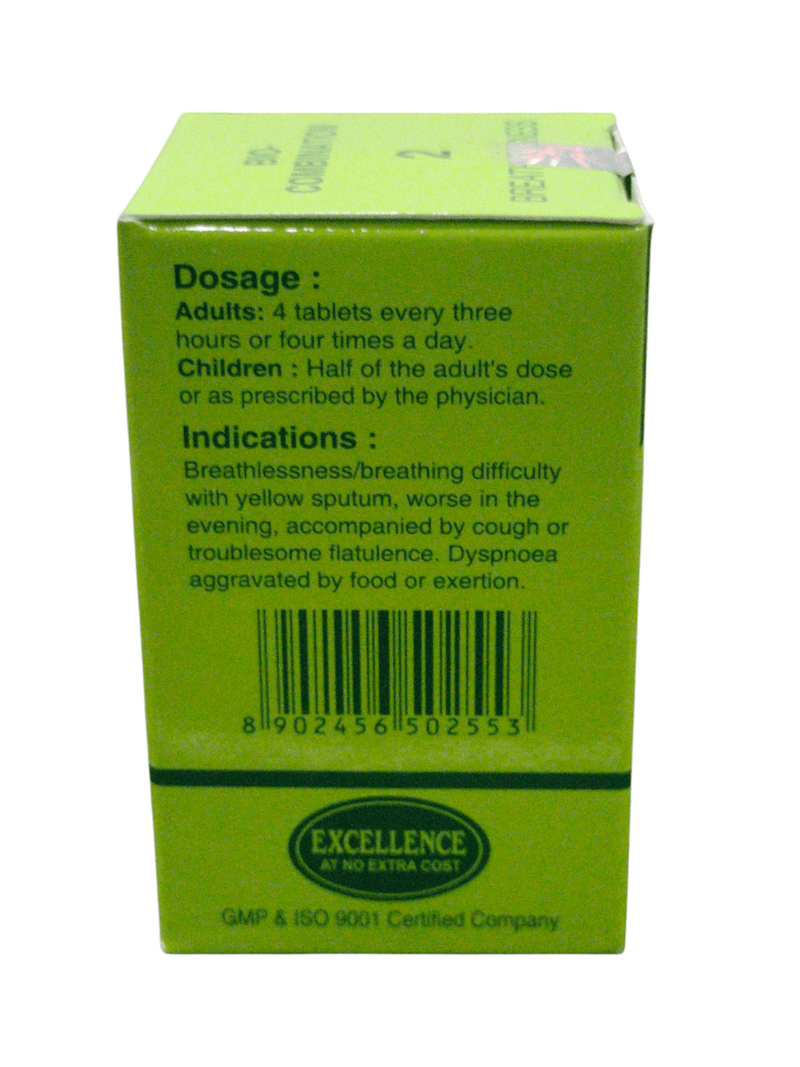 SBL Bio-Combination No. 2 homeopathic medicine box showing dosage and indications for breathlessness relief.