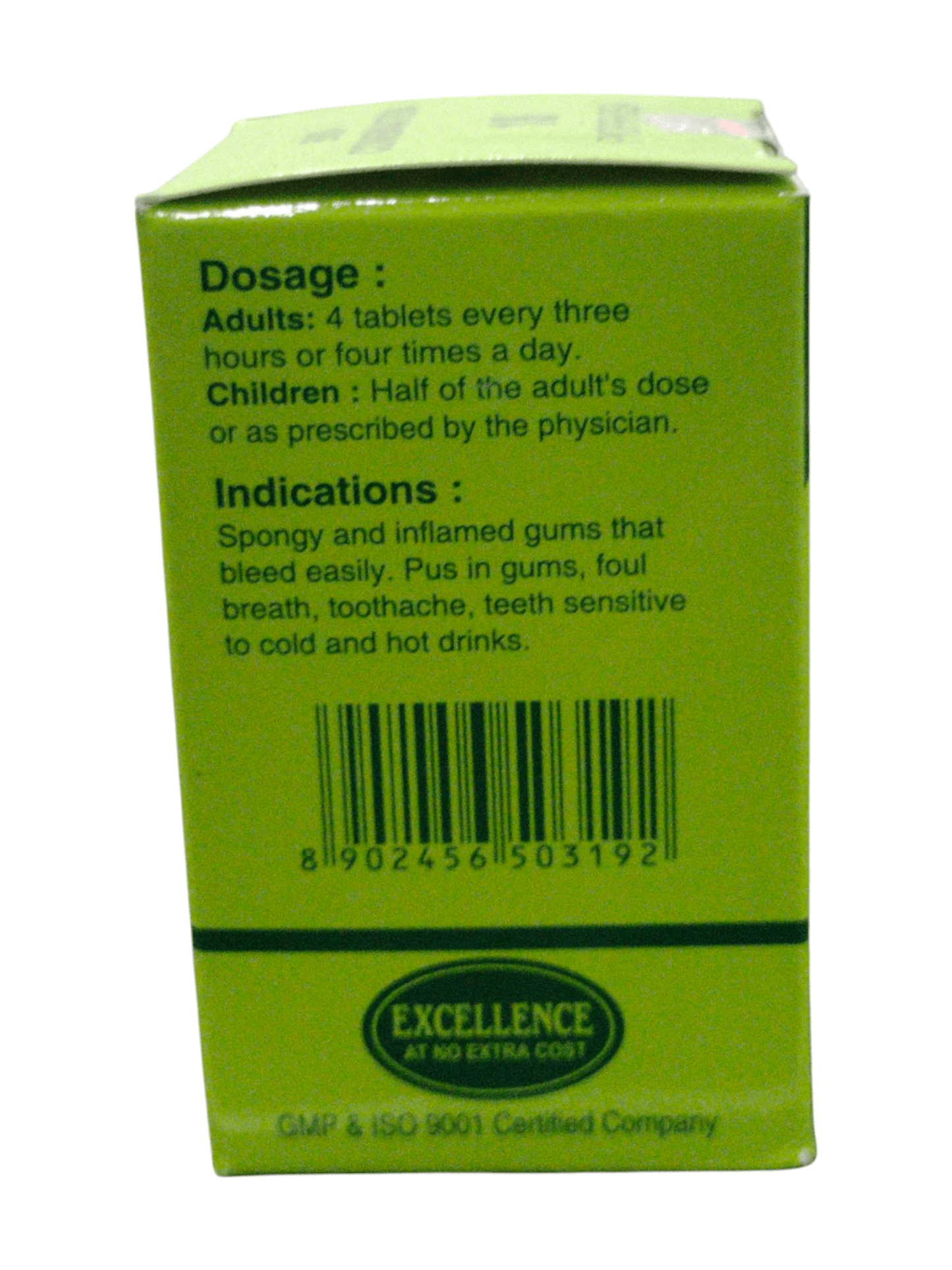 Dosage and indications for SBL Bio-combination 23 homeopathic toothache medicine tablet packaging.